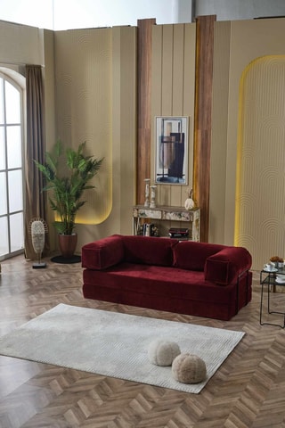 Canapé droit convertible - Bordeaux - 4 places - En tissu toucher velours