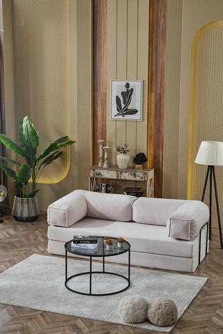 Canapé droit convertible - Beige - 4 places - En tissu toucher velours