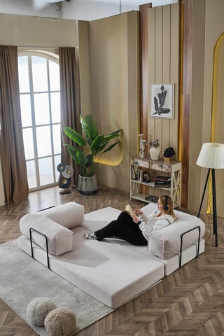 Canapé droit convertible - Beige - 4 places - En tissu toucher velours