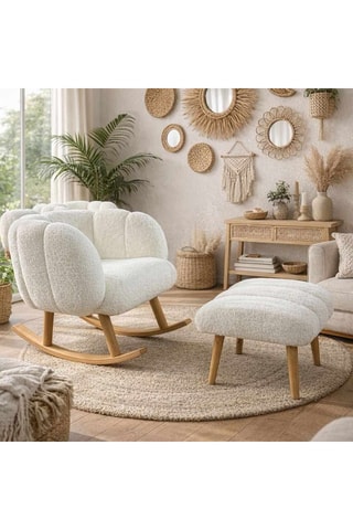 Rocking chair et pouf - Blanc cassé - En tissu bouclette