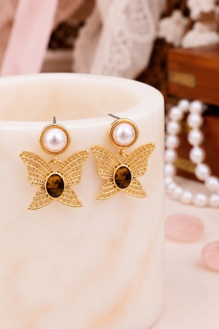 Boucles d'oreilles - Plaqué or jaune et œils-de-tigre