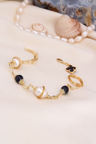 Bracelet - Plaqué or jaune, onyx et perles de culture
