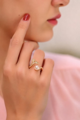 Bague - Plaqué or jaune, zircons et perle de culture