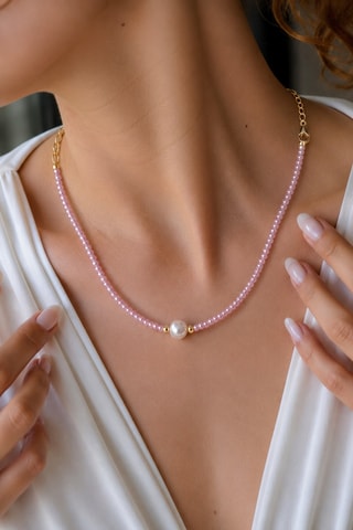 Collier - Plaqué or jaune, quartz rose et perle de culture