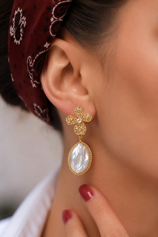 Pendientes - Chapado en oro amarillo, circones y perlas cultivadas