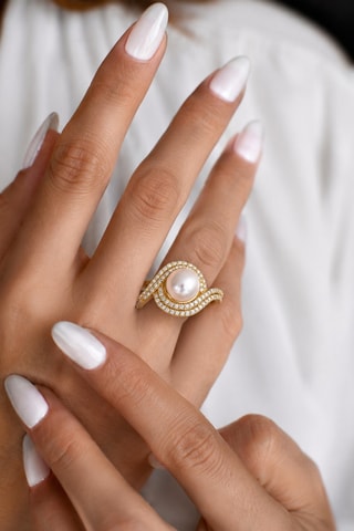Bague - Plaqué or jaune, zircons et perle de culture