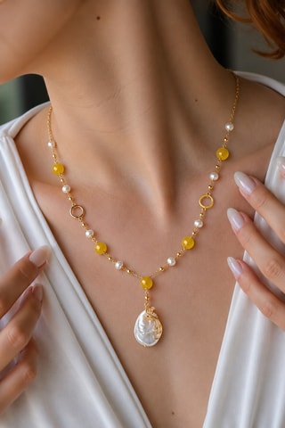 Collier - Plaqué or jaune, citrines et perles de culture