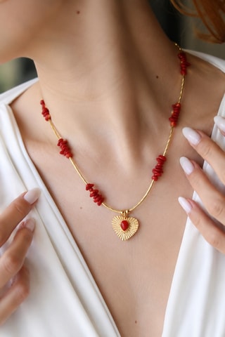 Collier - Plaqué or jaune et corail rouge