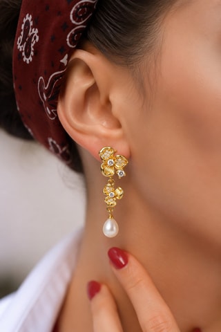 Boucles d'oreilles - Plaqué or jaune, zircons et perles de culture