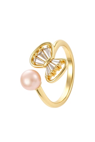 Bague - Plaqué or jaune, zircons et perle de culture