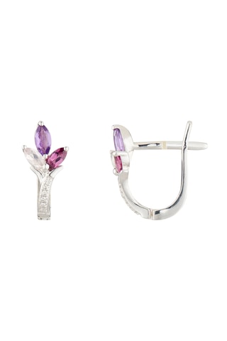 Boucles d'oreilles Heliconia - Oro blanco, diamantes, amatistas, cuarzo y rodolitas