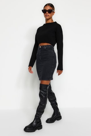 Jupe droite en jean taille haute - Noir