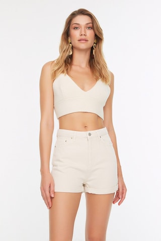 Short en jean taille haute - Beige