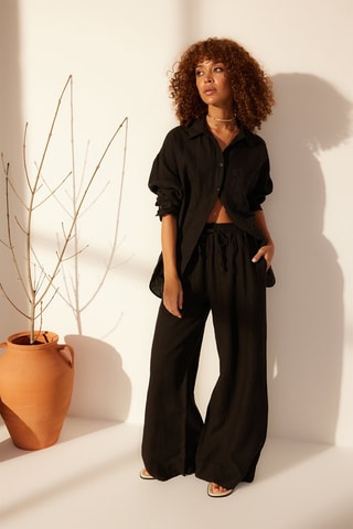 Pantalon taille haute en lin - Noir
