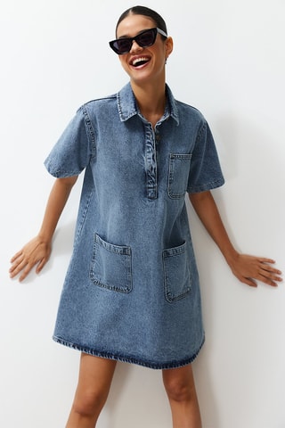 Vestido direito de ganga - Azul - Azul