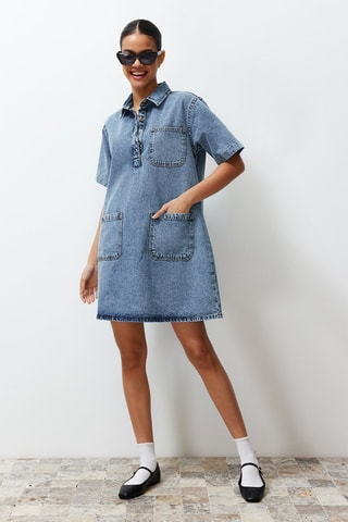 Vestido direito de ganga - Azul - Azul