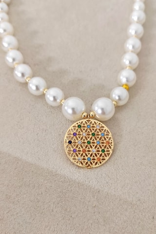 Collier fleur de vie - Laiton plaqué or, perles & zircon
