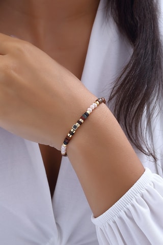 Bracelet - Laiton plaqué or & perles - Marron
