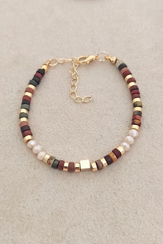 Bracelet - Laiton plaqué or & perles - Marron