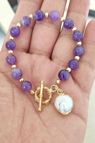 Bracelet doré à l'or fin - Améthystes et perle de culture