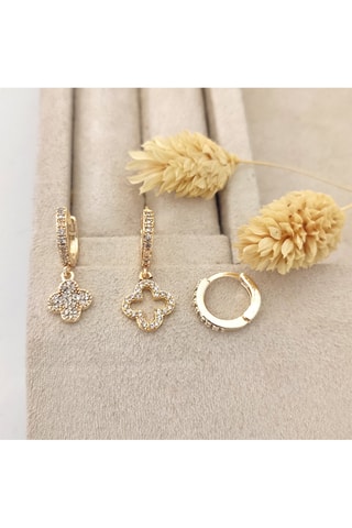 Trio boucles d'oreilles pendantes - Laiton plaqué or & zircon - Motif trèfles