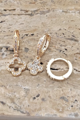 Trio boucles d'oreilles pendantes - Laiton plaqué or & zircon - Motif trèfles