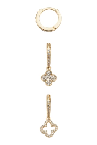 Trio boucles d'oreilles pendantes - Laiton plaqué or & zircon - Motif trèfles