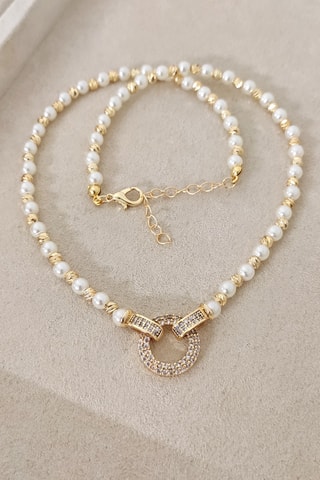 Collier - Laiton plaqué or, perles & zircon