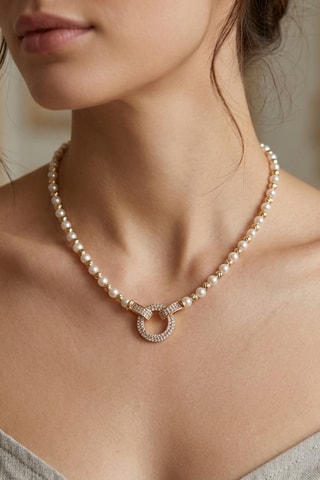 Collier - Laiton plaqué or, perles & zircon