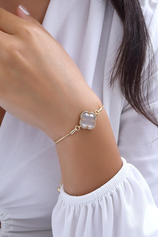 Bracelet trèfle - Laiton plaqué or, pierres d'oeil de chat  zircon - Blanc