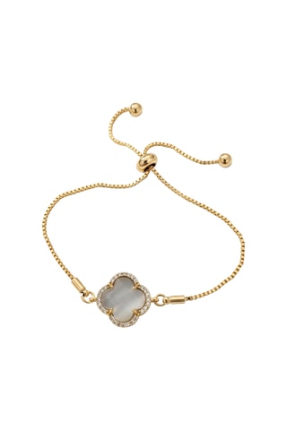 Bracelet trèfle - Laiton plaqué or, pierres d'oeil de chat  zircon - Blanc