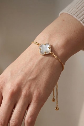 Bracelet trèfle - Laiton plaqué or, pierres d'oeil de chat  zircon - Blanc