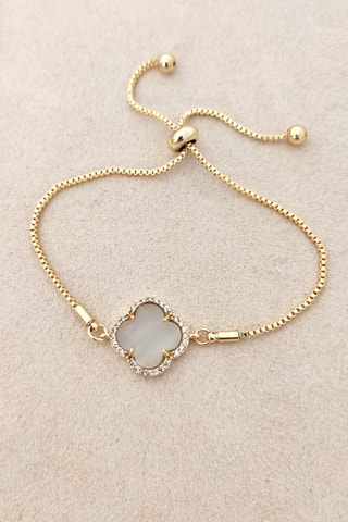 Bracelet trèfle - Laiton plaqué or, pierres d'oeil de chat  zircon - Blanc