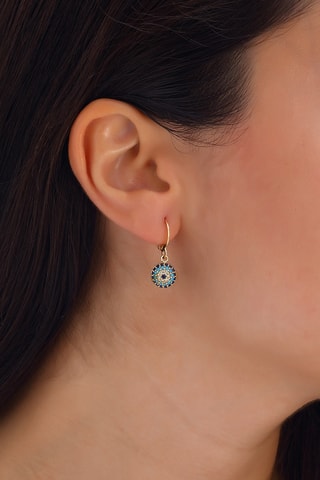 Boucles d'oreilles - Laiton plaqué or, zircon & émail - Motif oeil