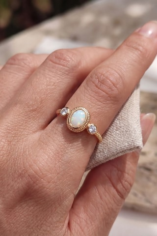 Bague ajustable - Laiton doré & pierre opale
