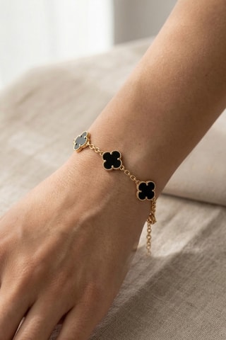 Bracelet trèfle - Laiton plaqué or & pierres de nacre - Noir