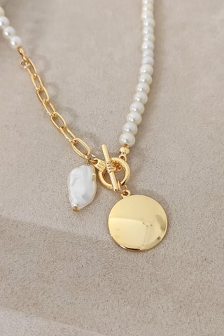 Collier médaillon - Laiton plaqué or & perles