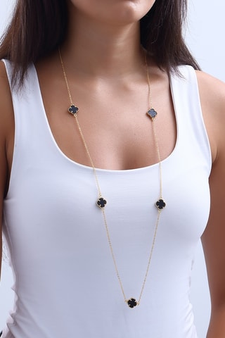 Collier trèfles - Laiton plaqué or & nacre - Noir