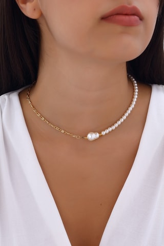 Collier - Laiton plaqué or & perles - Blanc
