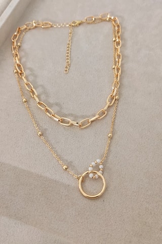 Collier à deux chaînes - Laiton plaqué or & perles