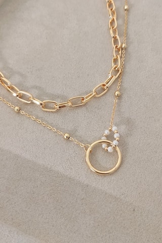 Collier à deux chaînes - Laiton plaqué or & perles