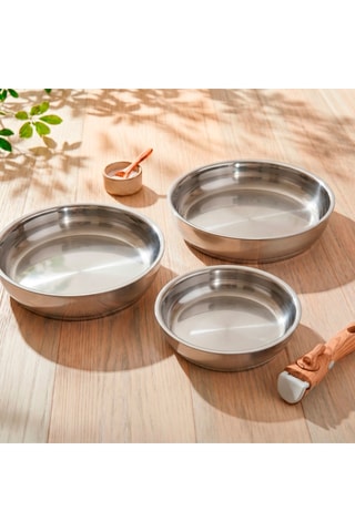 3 poêles en acier inoxydable avec 1 manche amovible - 20/24/26 cm