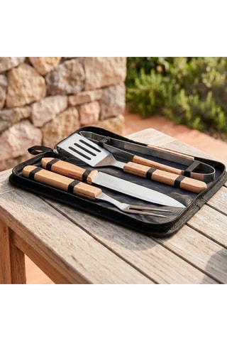 4 ustensiles pour barbecue en acier inoxydable et bois Grill