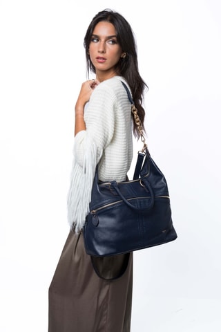 Sac porté épaule en cuir Africa - Bleu marine