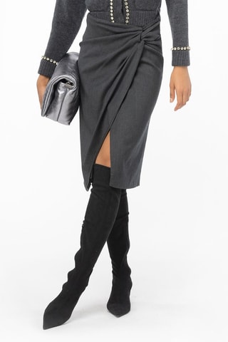 Jupe portefeuille midi taille haute en laine - Gris foncé
