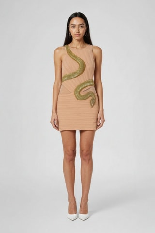 Asymmetrische mouwloze jurk  - Taupe en goudkleurig