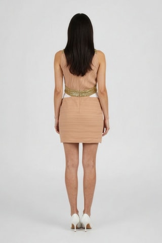 Asymmetrische mouwloze jurk  - Taupe en goudkleurig