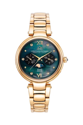 Montre à quartz en acier, diamants et nacre Etoile - Compteur phases de la lune - Doré