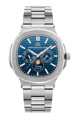 Reloj de cuarzo de acero L’Envie - Contador de fase lunar - Plateado y azul