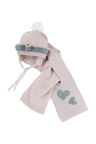Bonnet à pompon et écharpe - Rose poudré